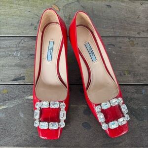 Prada Red Heels with Crystal Accents